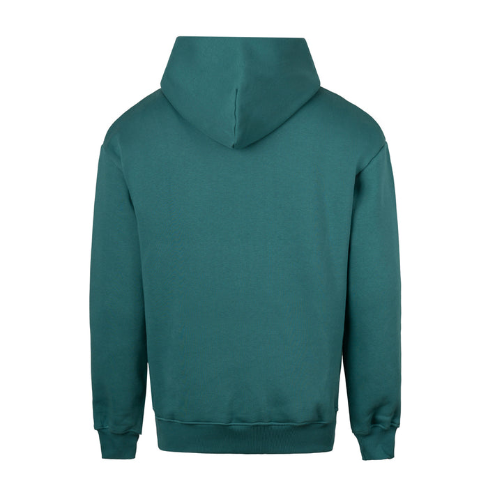 Back view of teal green hoodie with hood up and ribbed cuffs