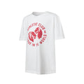 White junior short sleeve T shirt with a large red circular Unique Logo Twins graphic on the front