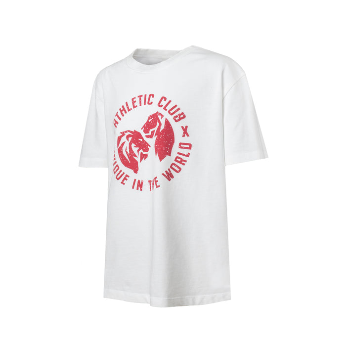 White junior short sleeve T shirt with a large red circular Unique Logo Twins graphic on the front