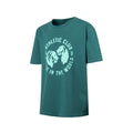 Teal green short sleeve T shirt with front circular light blue logo of two lions facing each other