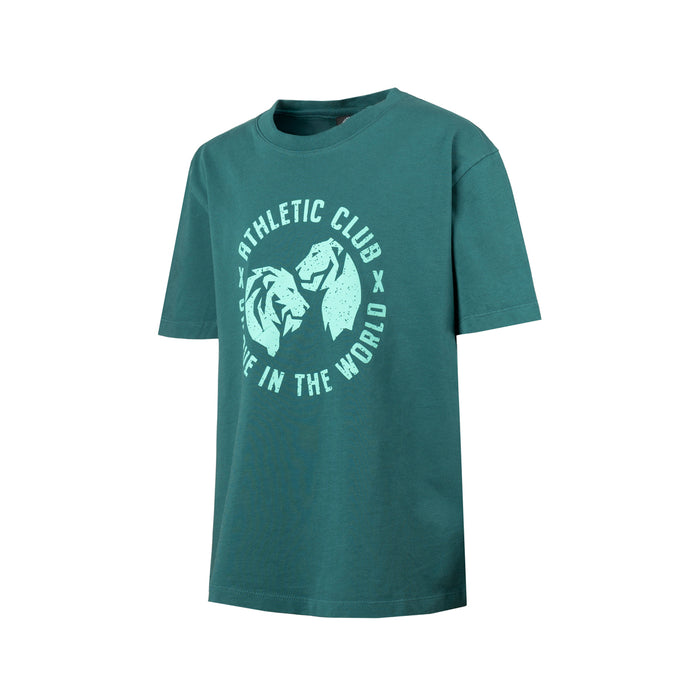 Teal green short sleeve T shirt with front circular light blue logo of two lions facing each other