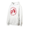 Grey kids hoodie with a red circular graphic logo on the chest