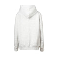 Back view of a light grey hoodie with a hood and ribbed hem
