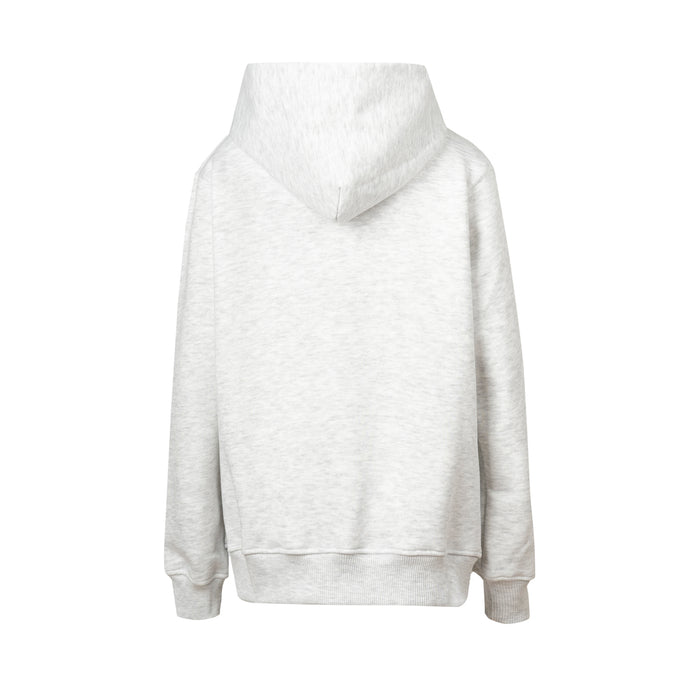 Back view of a light grey hoodie with a hood and ribbed hem
