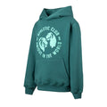 Green hooded sweatshirt with a light blue circular Unique Logo Twins graphic on the chest