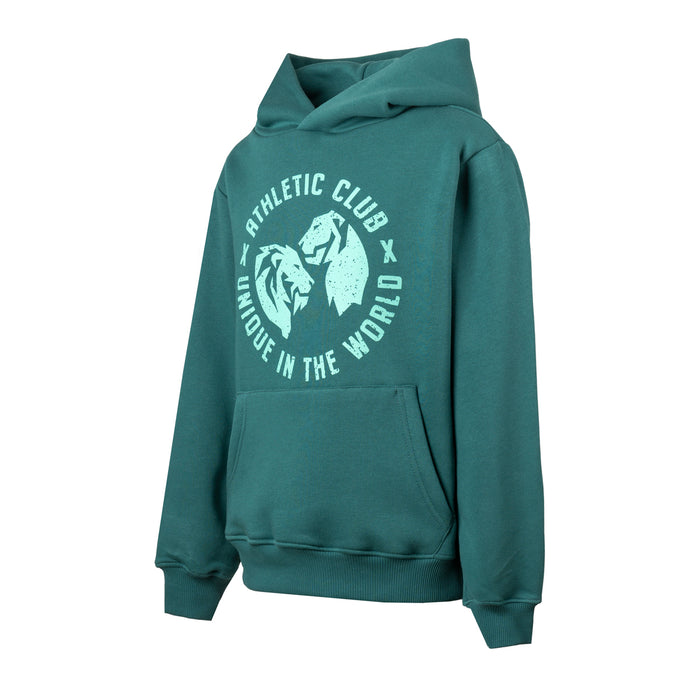 Green hooded sweatshirt with a light blue circular Unique Logo Twins graphic on the chest