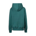 Back view of a green kids hoodie with hood up and ribbed cuffs