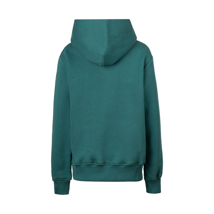 Back view of a green kids hoodie with hood up and ribbed cuffs