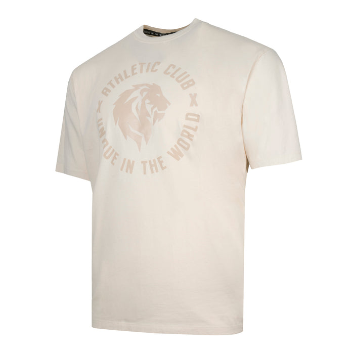 Beige T-shirt with a tonal circular crest and a lion graphic