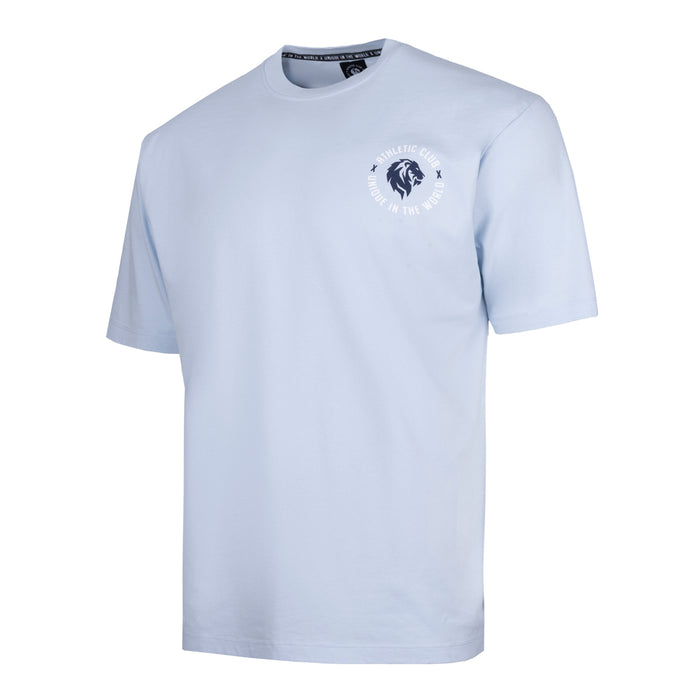 Light blue short sleeve T shirt with a small circular chest logo featuring a lion.