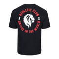 Back view of a black T shirt showcasing a white lion emblem encircled by red text X ATHLETIC CLUB UNIQUE IN THE WORLD