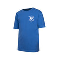Azure blue short sleeve T shirt with white circular logo on the left chest featuring a lion