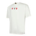 White short sleeve T shirt with a crest flanked by red lions on the chest