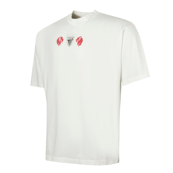 White short sleeve T shirt with a crest flanked by red lions on the chest