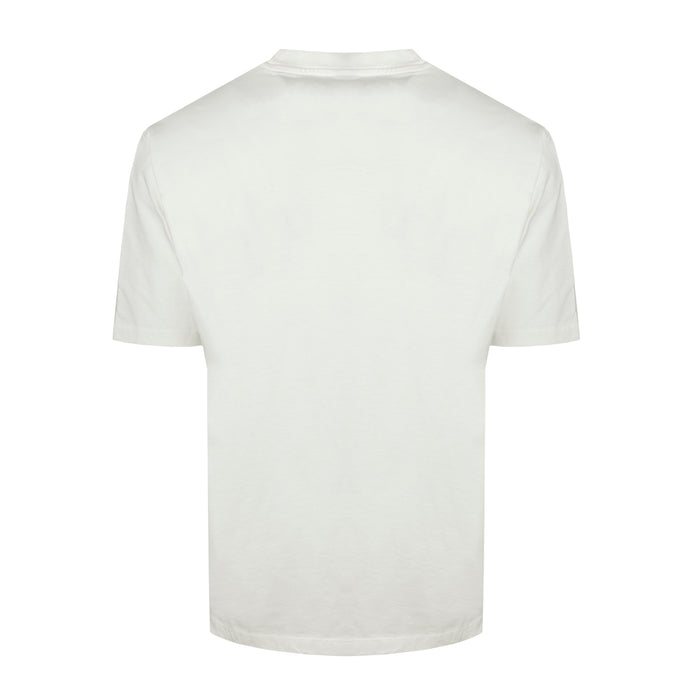 White short sleeve T shirt with a small shield crest on the left chest