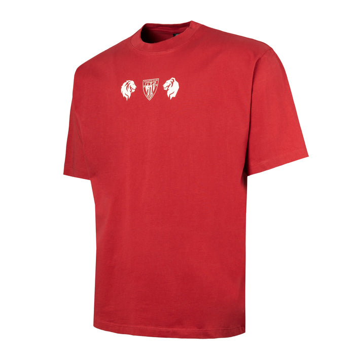 Red short sleeve T shirt with three small white emblems on the chest a shield flanked by lions