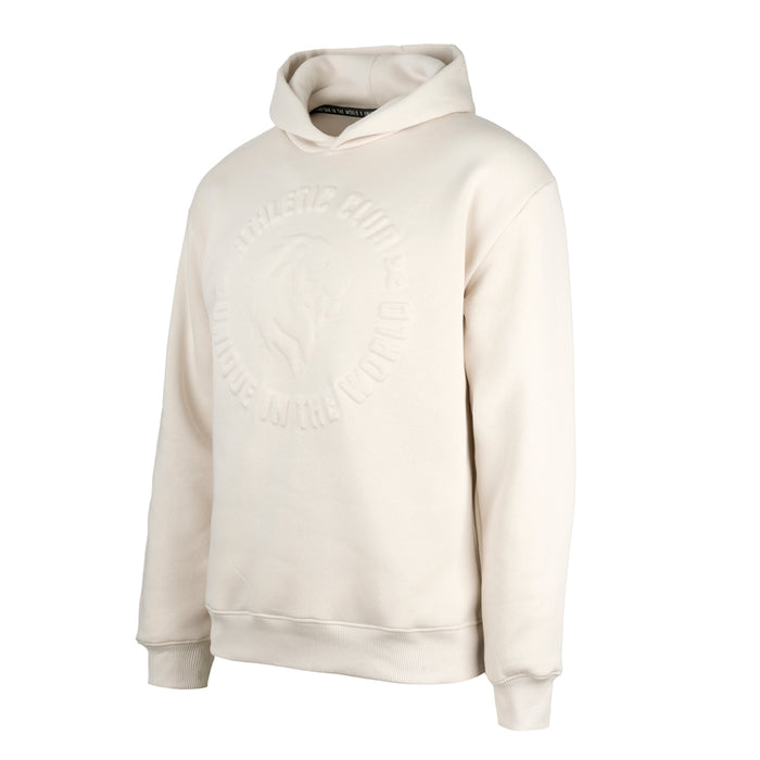 Light khaki hoodie with embossed circular crest on the chest