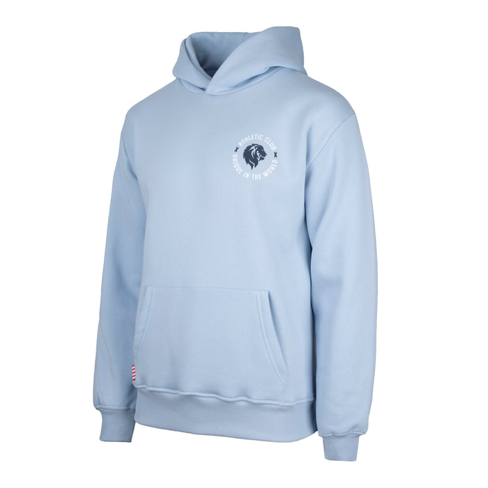 Light blue hooded sweatshirt with a front kangaroo pocket and a circular chest logo featuring a lion.