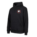 Black hooded sweatshirt with a circular red logo on the chest featuring a white lion and the text Unique in the World.