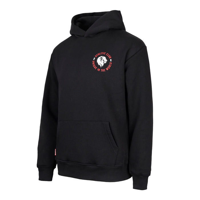 Black hooded sweatshirt with a circular red logo on the chest featuring a white lion and the text Unique in the World.