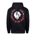 Back view of a black hooded sweatshirt with a large circular emblem showing a white lion and red text around it.
