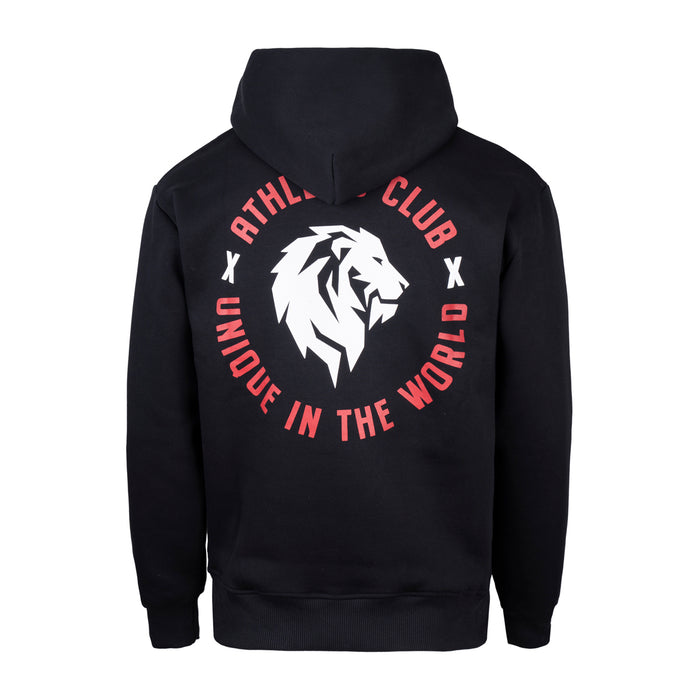 Back view of a black hooded sweatshirt with a large circular emblem showing a white lion and red text around it.