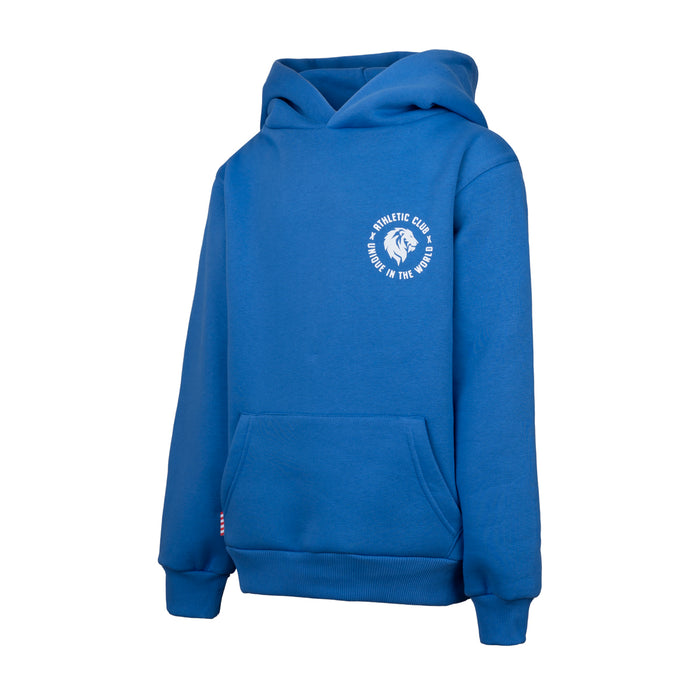 Azure blue hooded sweatshirt with a small white circular logo on the chest