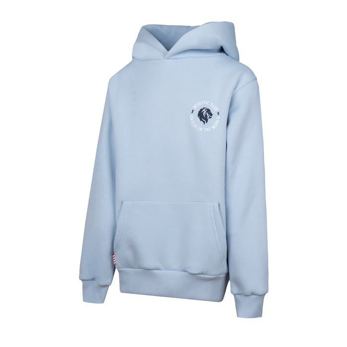 Light blue hooded sweatshirt with a small white circular logo on the chest