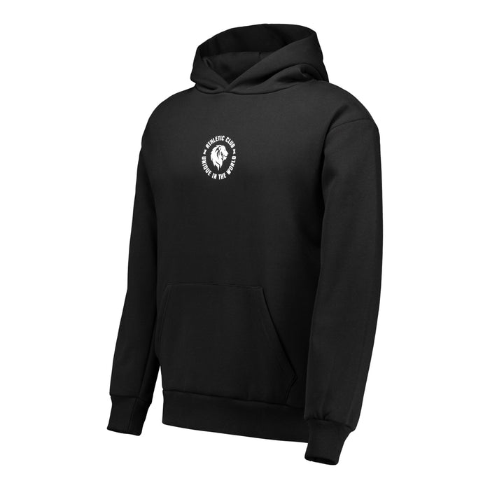 Black hoodie shown from the side with a small white circular logo on the chest.