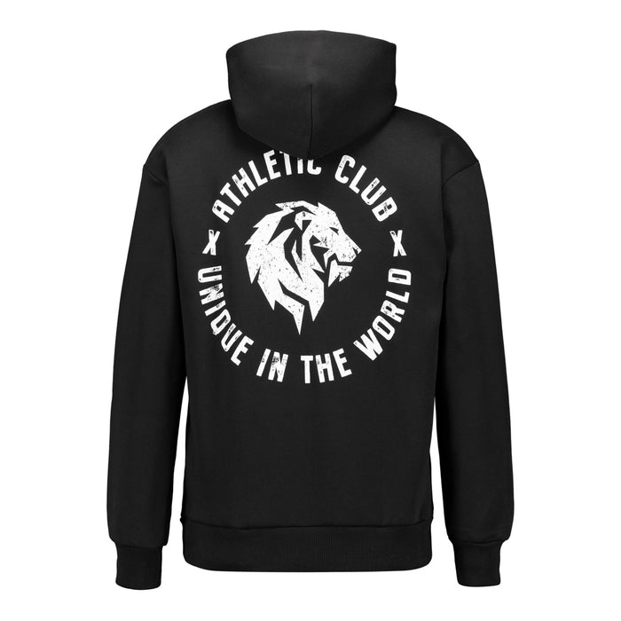 Black hoodie with a white circular lion logo on the chest.