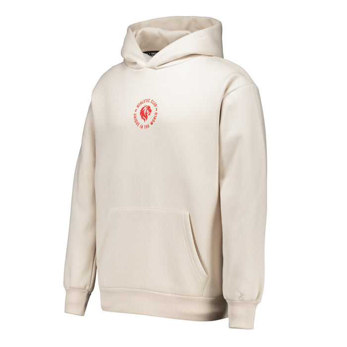Cream white hoodie with a small red circular logo on the chest.