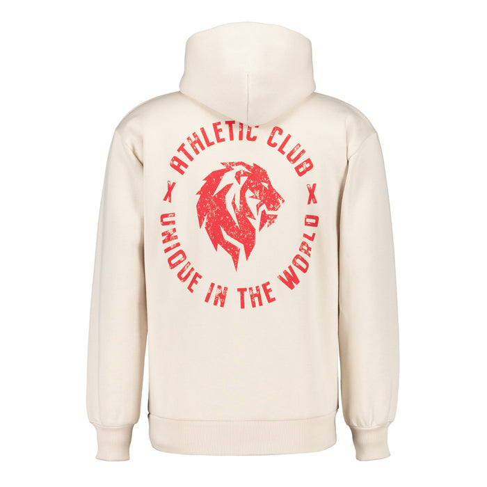 Cream hoodie shown from the back with a large red circular graphic featuring a lion.