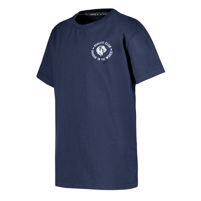 Navy blue youth T shirt with a white circular logo on the chest featuring a lion and the words ATHLETIC CLUB UNIQUE IN THE WORLD