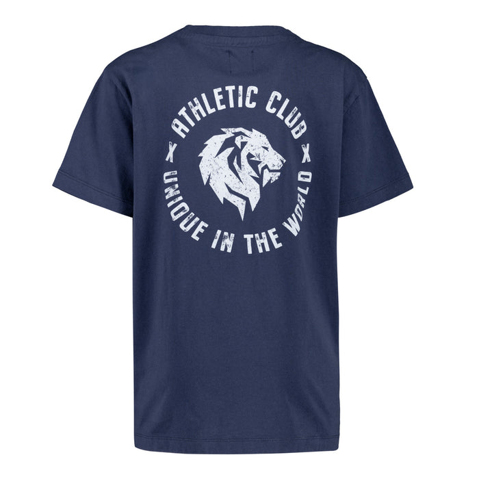 Back view of navy blue youth T shirt with a large white circular logo featuring a lion and the words ATHLETIC CLUB UNIQUE IN THE WORLD