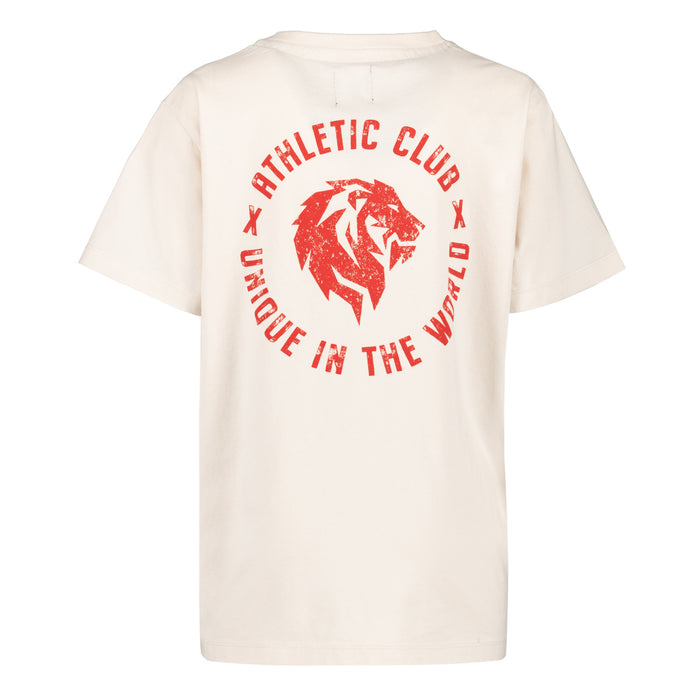 Back view of white youth t shirt with a bold red circular lion logo and the words Unique In The World