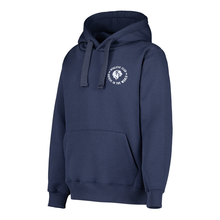 Junior blue hoodie with front pouch pocket and drawstring hood, small white logo on chest