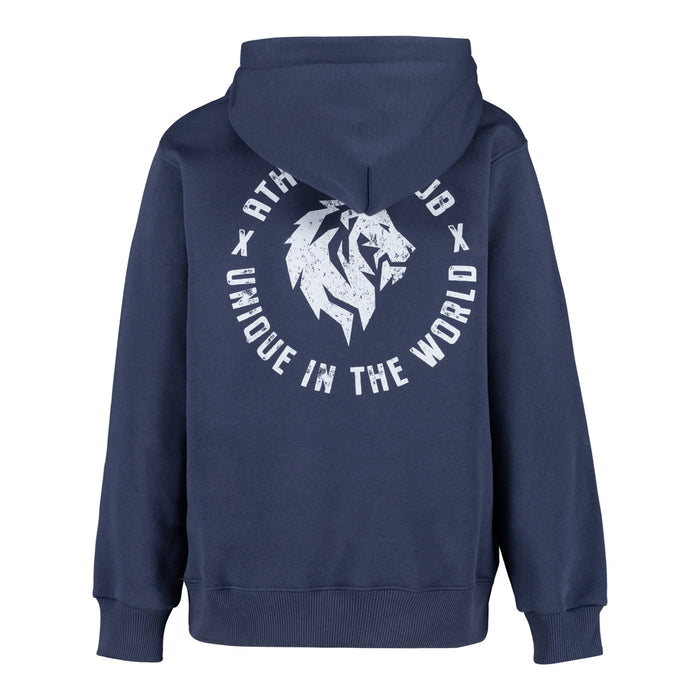 Back view of navy blue junior hoodie with large white circular lion logo and Unique in the World text