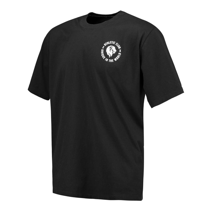 Black short sleeve T-shirt with small white circular chest logo featuring a lion