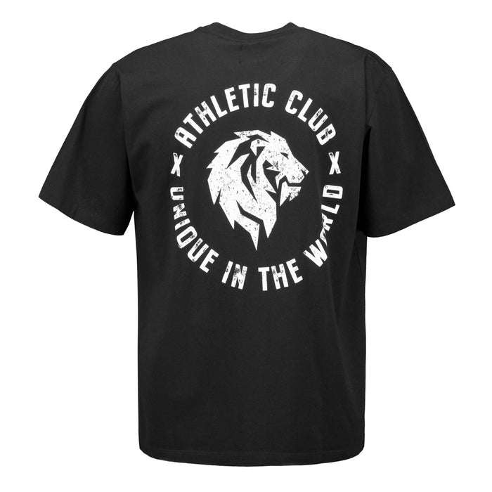 Black T-shirt with large distressed white circular back print showing a lion and circular text