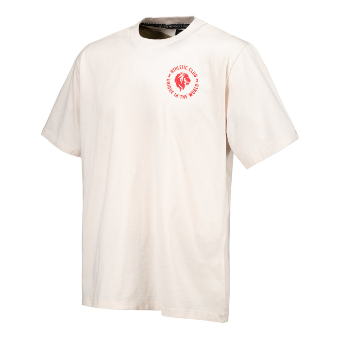 White short sleeve T shirt with a red circular logo on the left chest.