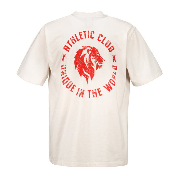 White T-shirt with large red distressed circular back print featuring a lion and circular text