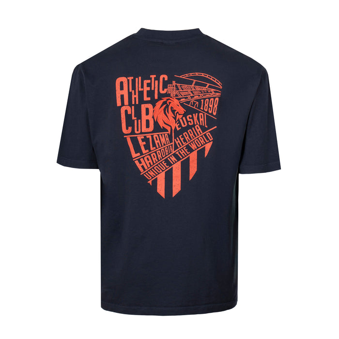 Back view of navy short sleeve T shirt featuring a large orange crest graphic and geometric design elements