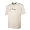 Beige short sleeve T shirt with a green crest and Unique in the World across the chest.