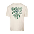 Beige short sleeve T shirt back view with a large green graphic of a stadium and bold text.