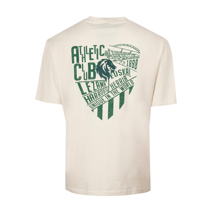 Beige short sleeve T shirt back view with a large green graphic of a stadium and bold text.
