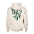 Beige hoodie back view with a large green crest graphic