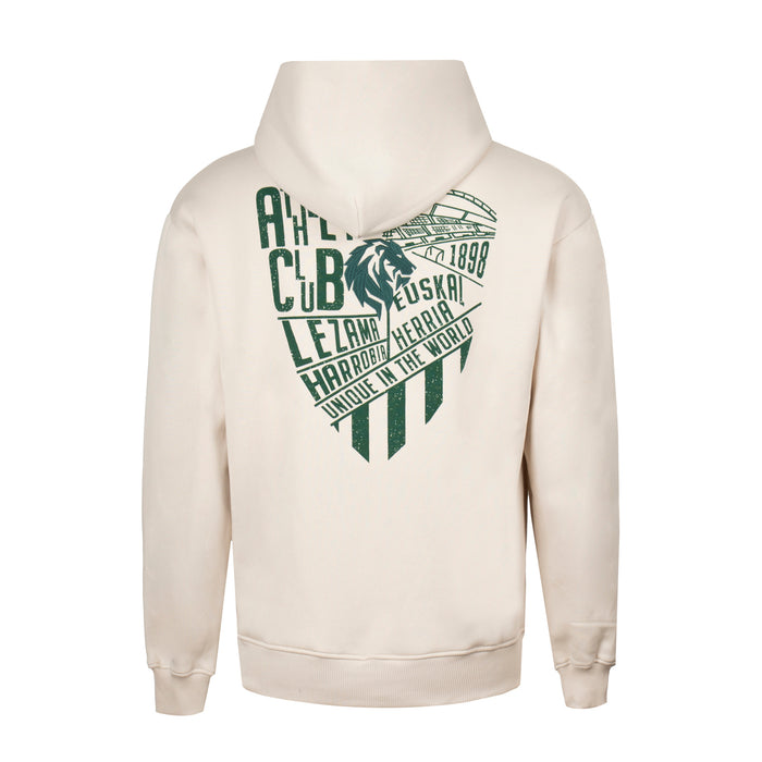 Beige hoodie back view with a large green crest graphic
