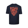 Back view of navy blue junior T shirt with a large orange graphic and crest text