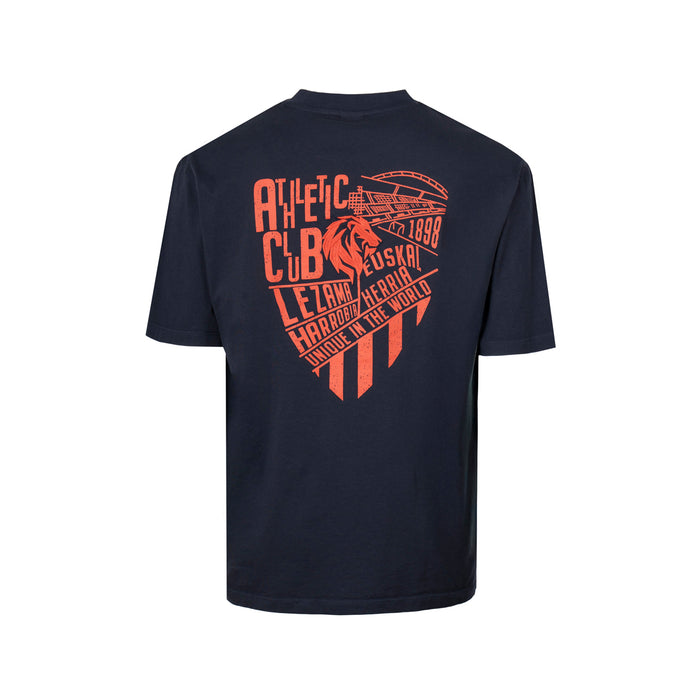 Back view of navy blue junior T shirt with a large orange graphic and crest text
