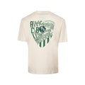 Beige junior short sleeve T shirt back view with a large green crest graphic.